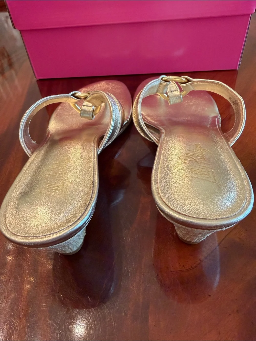 Lilly Pulitzer McKim Gold Nappa Leather Wedge Sandals Size 8.5